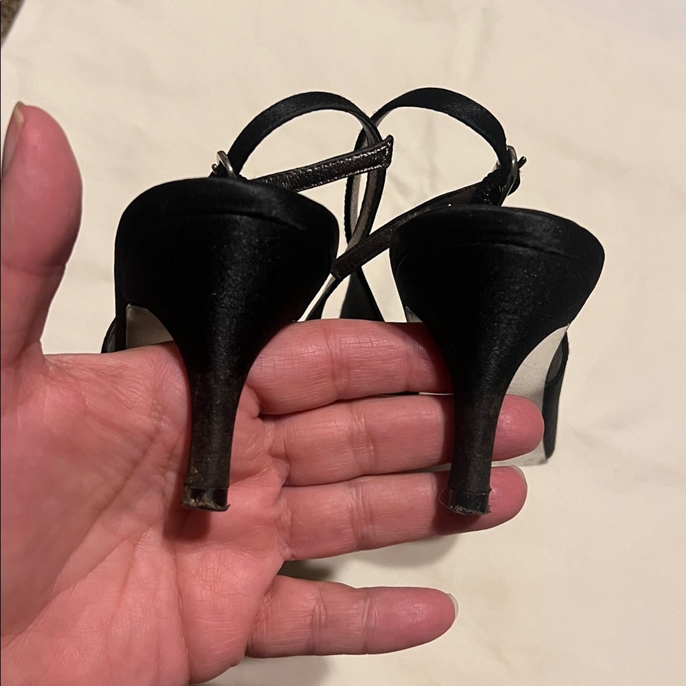 Nina black satin sling back peep toe heels genuine leather sole. - Picture 6 of 9